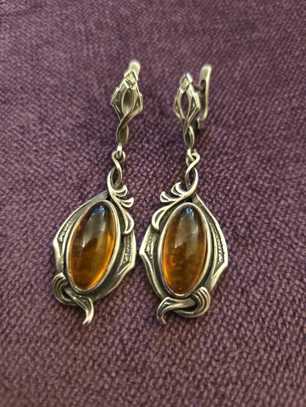 Vintage Sterling Silver & Faux Amber Drop Earrings